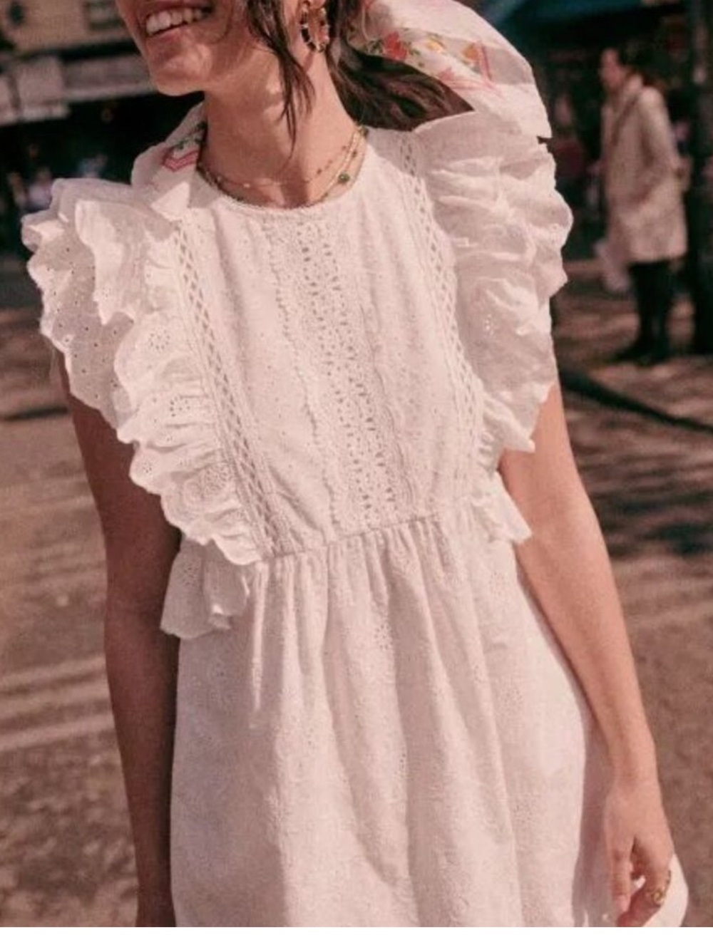 Sezane White Eyelet Ruffle Mini Dress